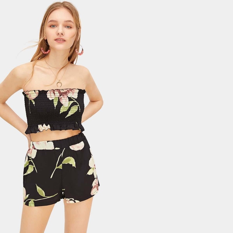 

Floral Print Tube Top With Shorts, Multicolor