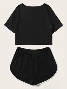 SHEIN Unity Slogan & Figure Graphic Top & Dolphin Shorts PJ Set - Black - View 2