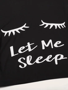 SHEIN Unity Slogan & Figure Graphic Top & Dolphin Shorts PJ Set - Black - View 3