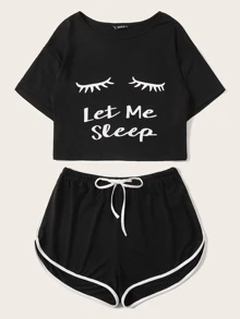 SHEIN Unity Slogan & Figure Graphic Top & Dolphin Shorts PJ Set - Black - View 6