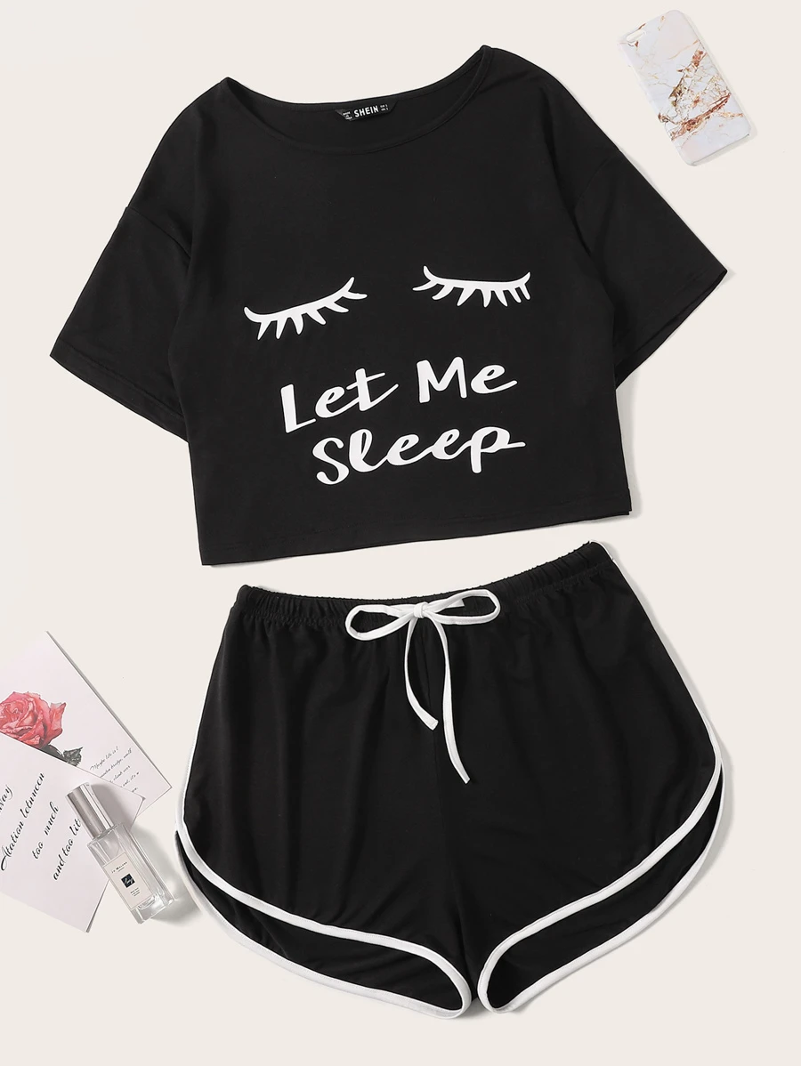 SHEIN Unity Slogan & Figure Graphic Top & Dolphin Shorts PJ Set - Black - View 1