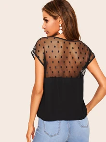 SHEIN Dobby Mesh Tunic Top - Black - View 2
