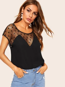 SHEIN Dobby Mesh Tunic Top - Black - View 4