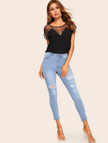 SHEIN Dobby Mesh Tunic Top - Black - View 3