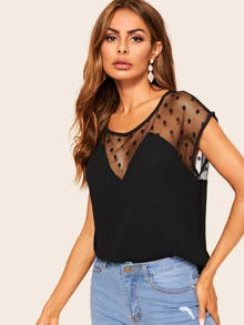 SHEIN Dobby Mesh Tunic Top - Black - View 5
