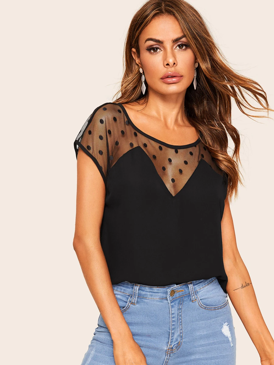 SHEIN Dobby Mesh Tunic Top - Black - View 1