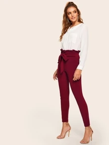 SHEIN Privé Paperbag Waist Form Fitted Pants - Burgundy - View 3