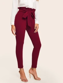 SHEIN Privé Paperbag Waist Form Fitted Pants - Burgundy - View 5