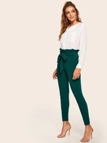SHEIN Privé Tied Paperbag Waist Skinny Pants - Dark Green - View 4