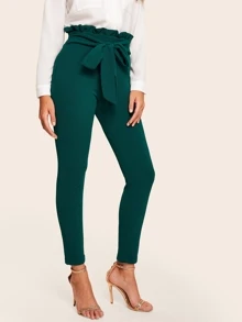 SHEIN Privé Tied Paperbag Waist Skinny Pants - Dark Green - View 1