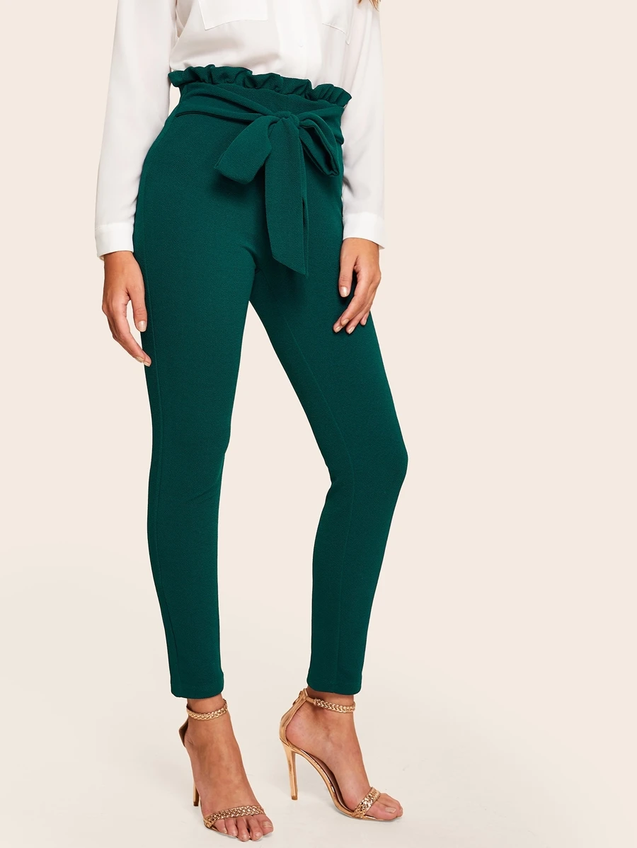 SHEIN Privé Tied Paperbag Waist Skinny Pants - Dark Green - View 1