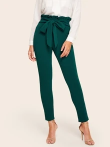 SHEIN Privé Tied Paperbag Waist Skinny Pants - Dark Green - View 2
