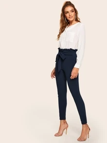 SHEIN Clasi Belted Paperbag Waist Skinny Pants
