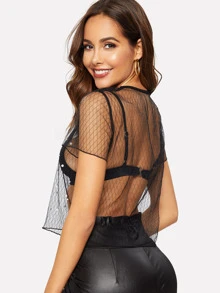 SHEIN BAE Faux Pearl Sheer Mesh Diamond Grid Crop Top - Black - View 2