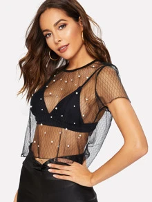 SHEIN BAE Faux Pearl Sheer Mesh Diamond Grid Crop Top - Black - View 3