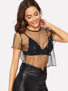 SHEIN BAE Faux Pearl Sheer Mesh Diamond Grid Crop Top - Black - View 4