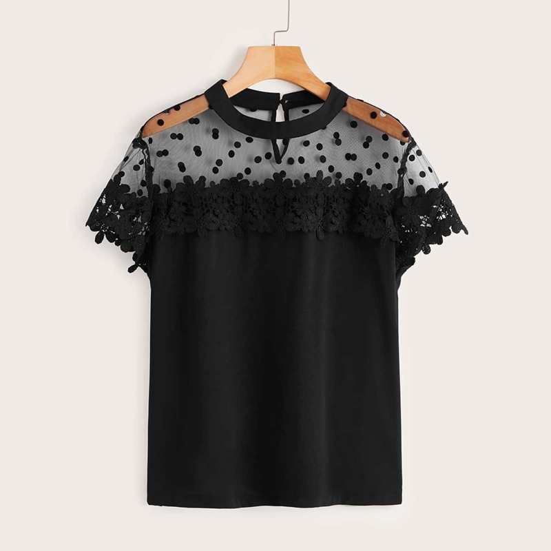 

Plus Contrast Mesh Hollow Out Crochet Blouse, Black