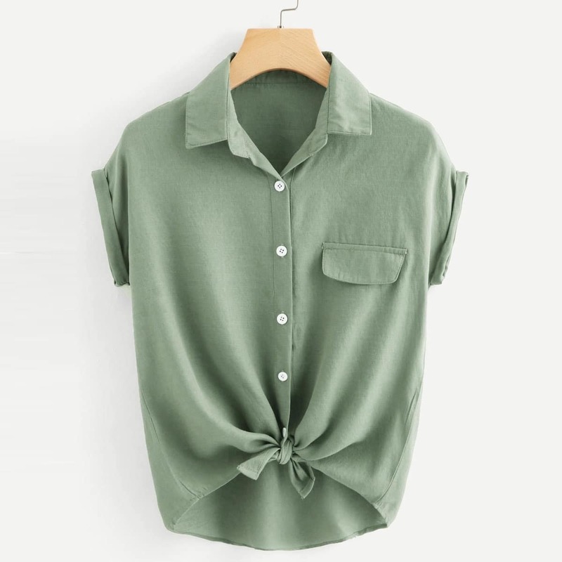 

Plus Knot Hem Roll Up Sleeve Blouse, Army green