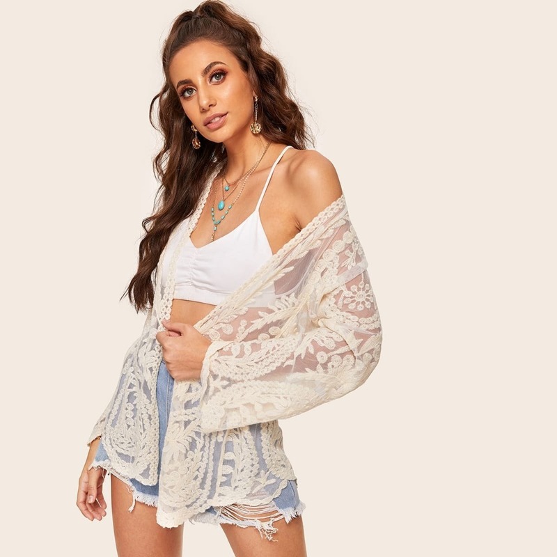 

Lace Open Front Sheer Kimono, Beige