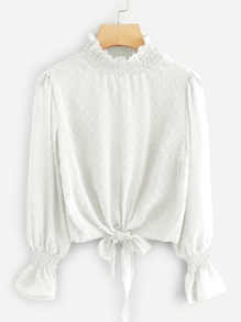 Knot Hem Dot Jacquard Chiffon Blouse