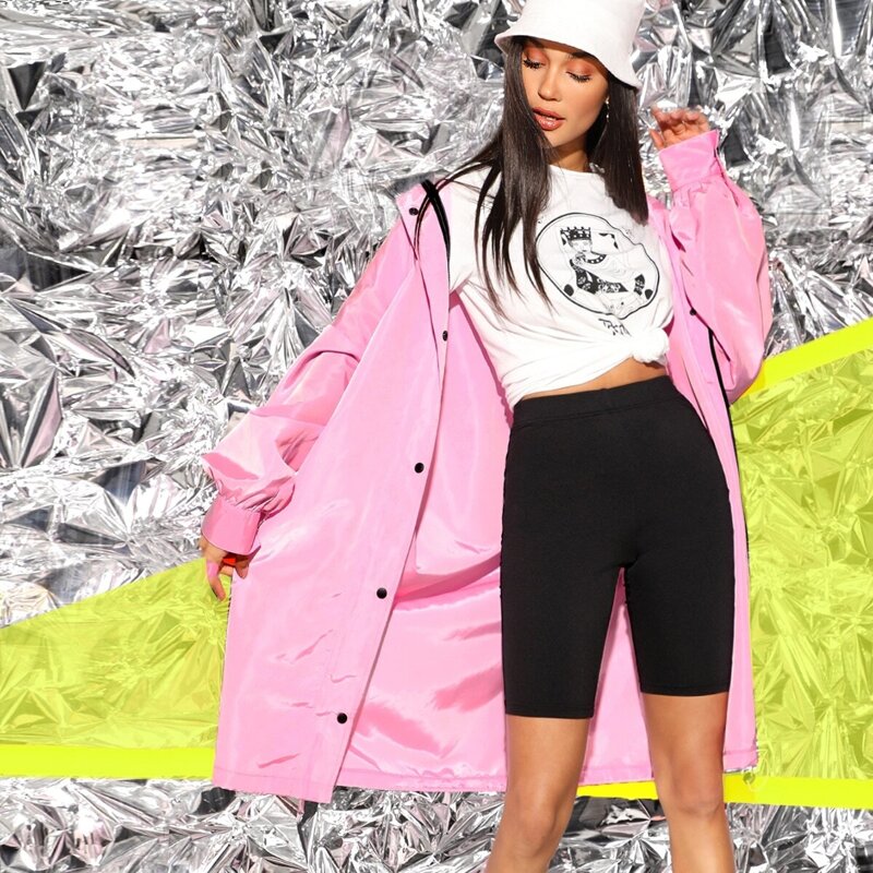 

Drop Shoulder Zip Up Hoodie Coat, Pink