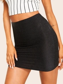 SHEIN BAE 高腰閃亮包臀半身裙 - 黑色 - 查看 3