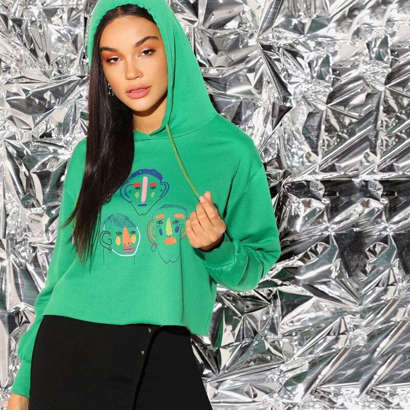

Drop Shoulder Cartoon Print Crop Hoodie, Green