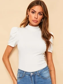 Mulvari Mock-neck Puff Sleeve Solid Top - White - View 4