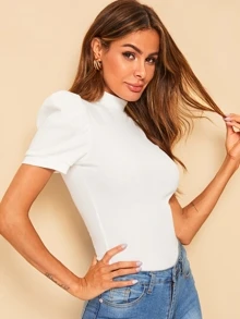 Mulvari Mock-neck Puff Sleeve Solid Top - White - View 5