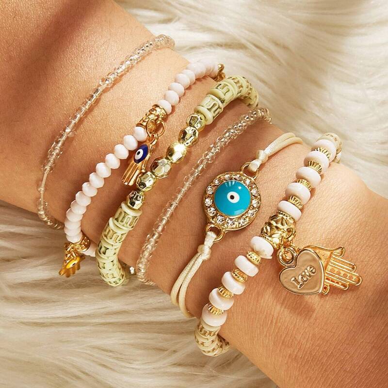 

Hand & Heart Charm Beaded Bracelet Set 6pcs, Multicolor