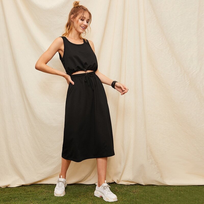 

Drawstring Hem Tank Top & Skirt Set, Black