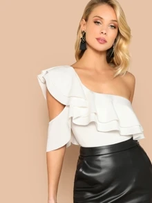 SHEIN Layered Ruffle One Shoulder Bodysuit - White - View 1