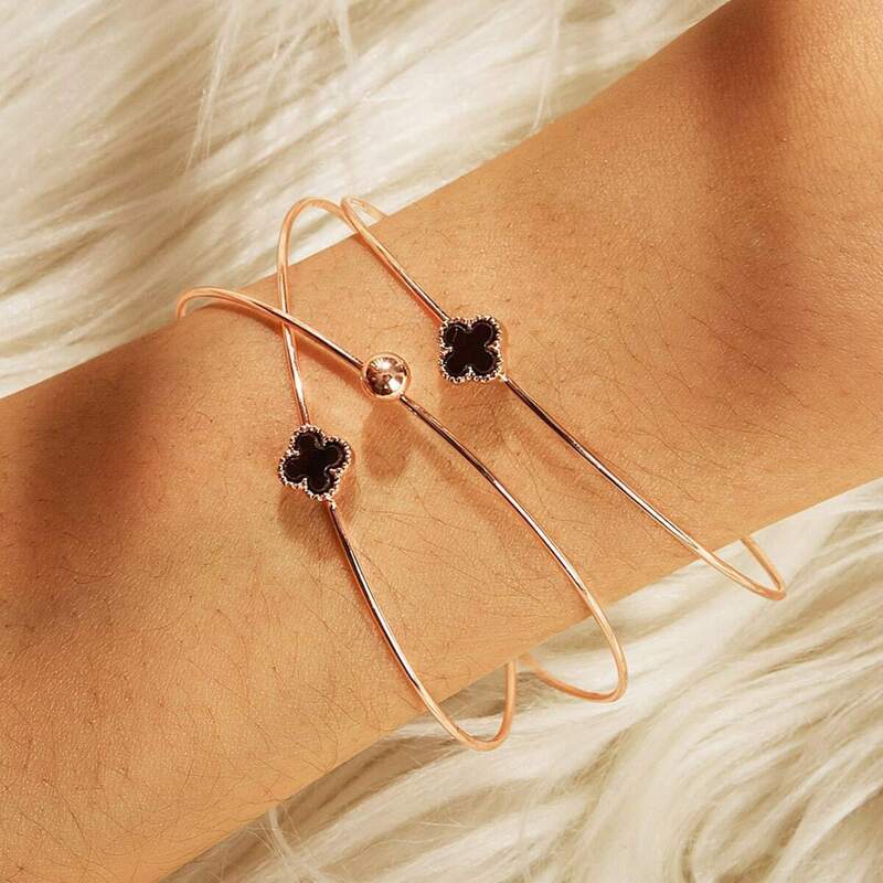 

Clover Decor Cuff Bracelet Set 3pcs, Gold