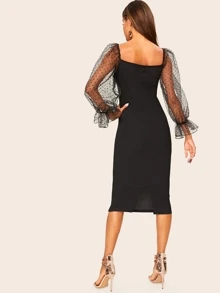 Modelyn Dot Mesh Ruffle Puff Sleeve Pencil Dress - Black - View 2