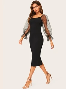 Modelyn Dot Mesh Ruffle Puff Sleeve Pencil Dress - Black - View 5