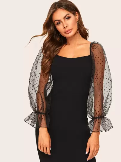 Modelyn Dot Mesh Ruffle Puff Sleeve Pencil Dress