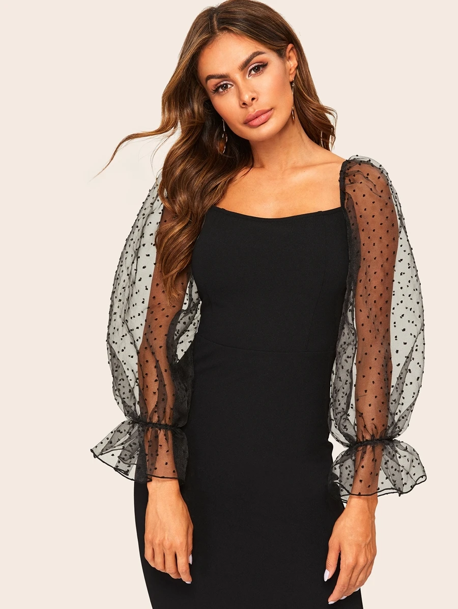 Modelyn Dot Mesh Ruffle Puff Sleeve Pencil Dress - Black - View 1