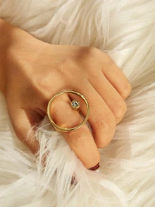 Rhinestone Detail Circle Ring 1pc - Yellow Gold - View 1