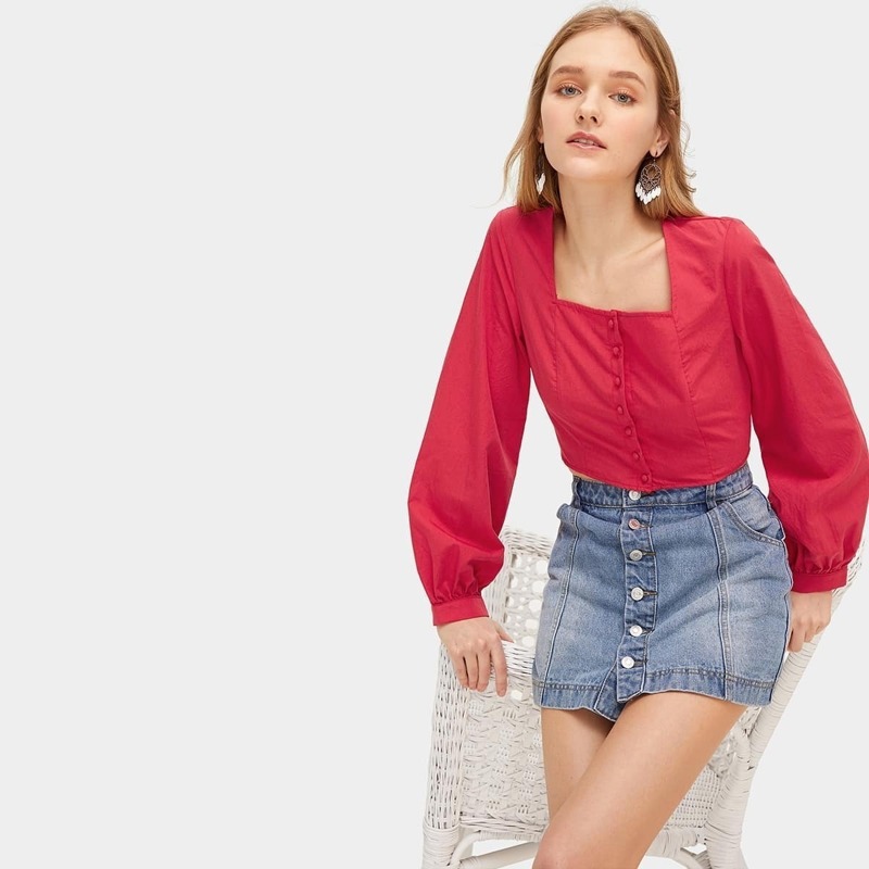 

Square Neck Button Through Crop Top, Red bright