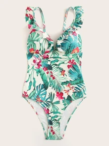 Bañador una pieza ribete fruncido con estampado tropical - Verde - Ver 3