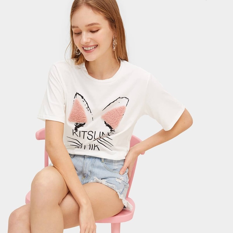 

Contrast Shearling Letter Print Tee, White