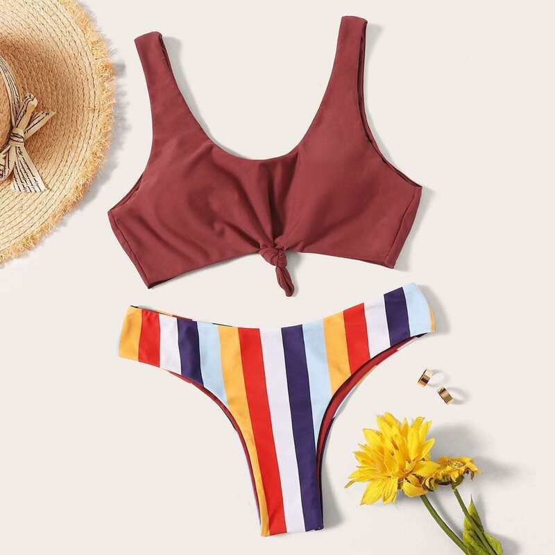 

Knot Front Top With Striped Bikini Set, Multicolor