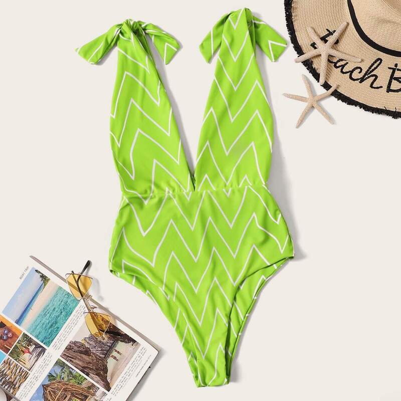

Chevron Self Tie V-Plunge One Piece Swimsuit, Green