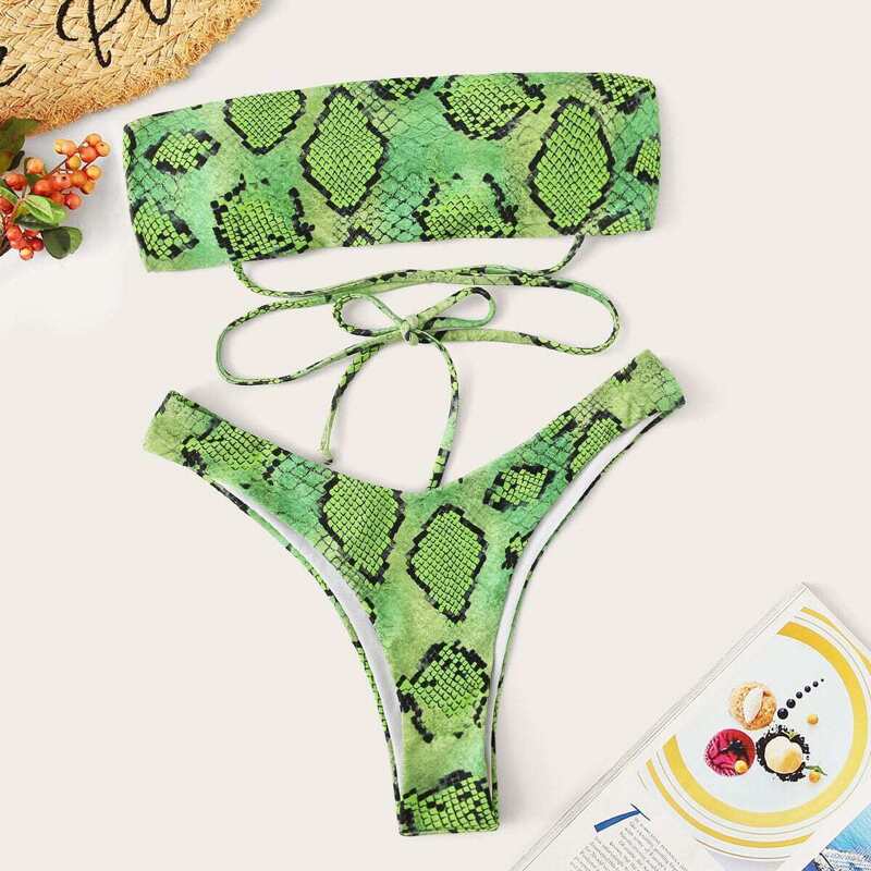

Snake Print Bandeau With High Cut Bikini Set, Multicolor