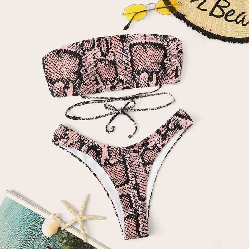 

Snake Print Bandeau With High Cut Bikini Set, Multicolor