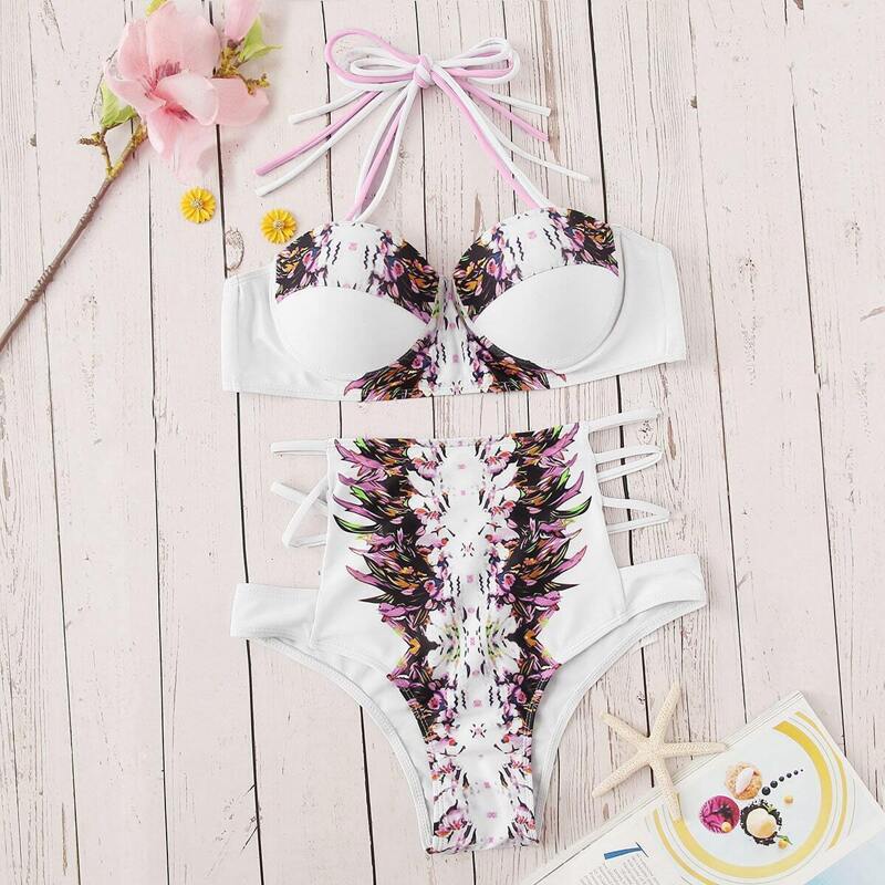 

Flower Print Bustier Top With Ladder Cutout Bikini, Multicolor