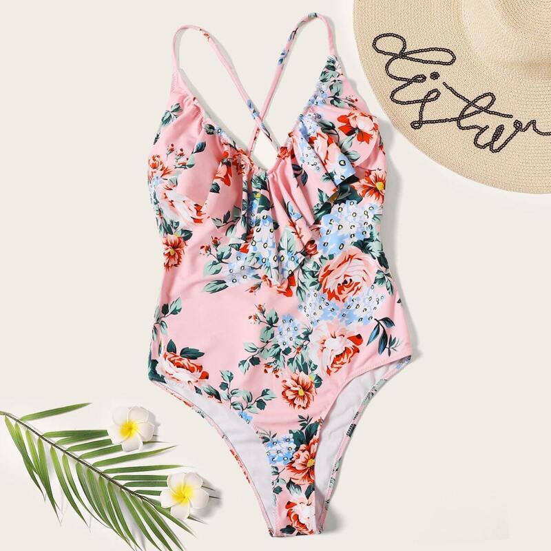 

Random Floral Ruffle Crisscross One Piece Swimwear, Multicolor