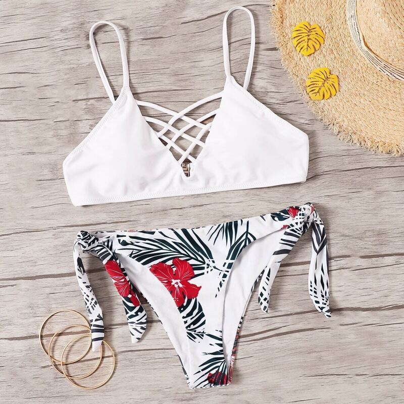 

Lattice Top With Random Tropical Tie Side Bikini, Multicolor