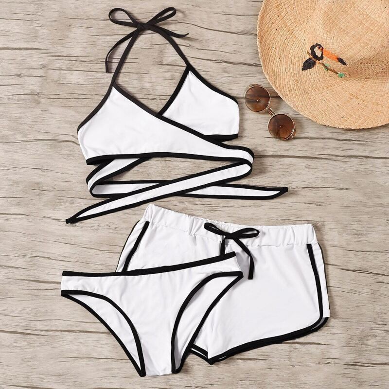 

Contrast Piping Wrap Halter Bikini Set With Shorts 3pack, White
