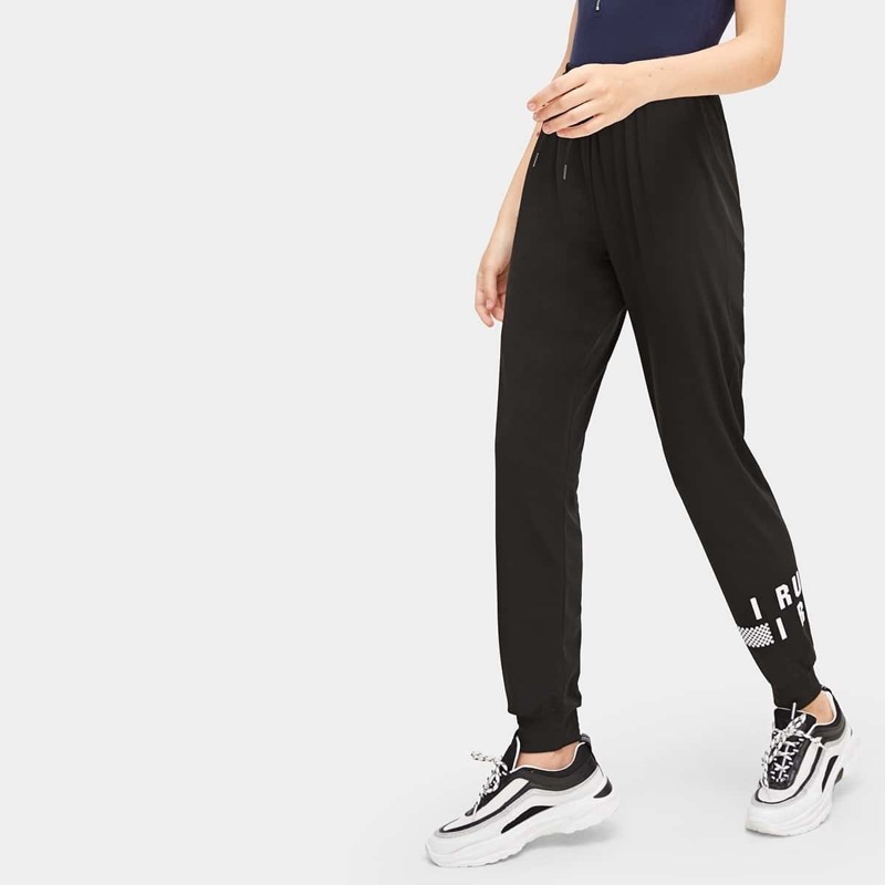 

Letter Pattern Drawstring Pants, Black
